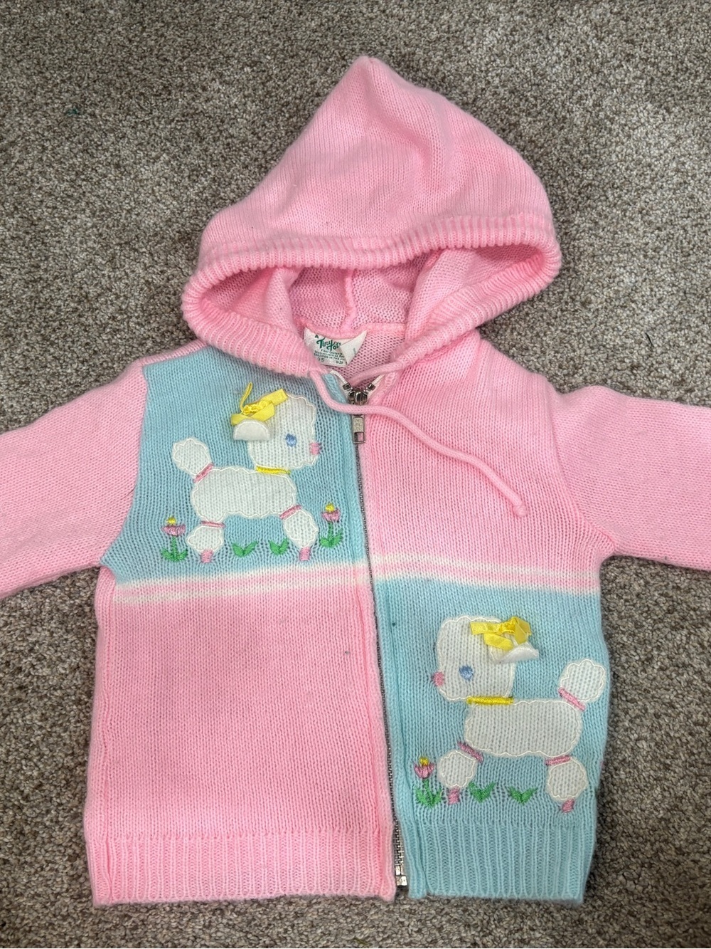 Vintage Pink Knit Hooded Baby Cardigan Zip Up with Lamb Motif Tiny Tots 18 mo